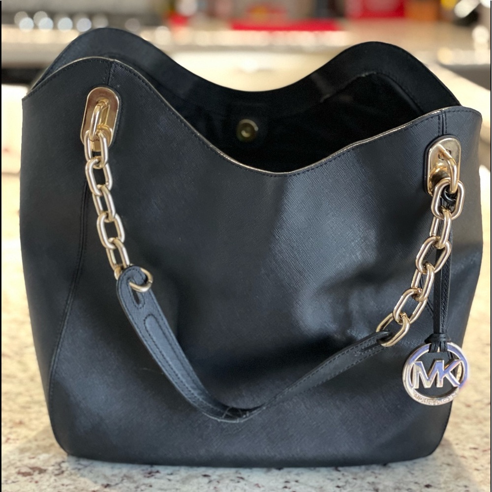Michael Kors soft leather, black, large purse with chain detail handles.